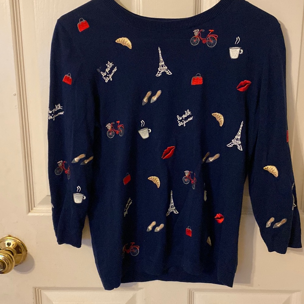 Brand new Talbots Parisian themed embroidery symbols on a navy background.